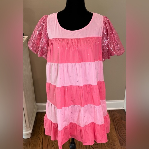 NWT Women’s FANTASTIC FAWN pink colorblock sequin puff sleeve dress- Size Medium - Picture 2 of 9